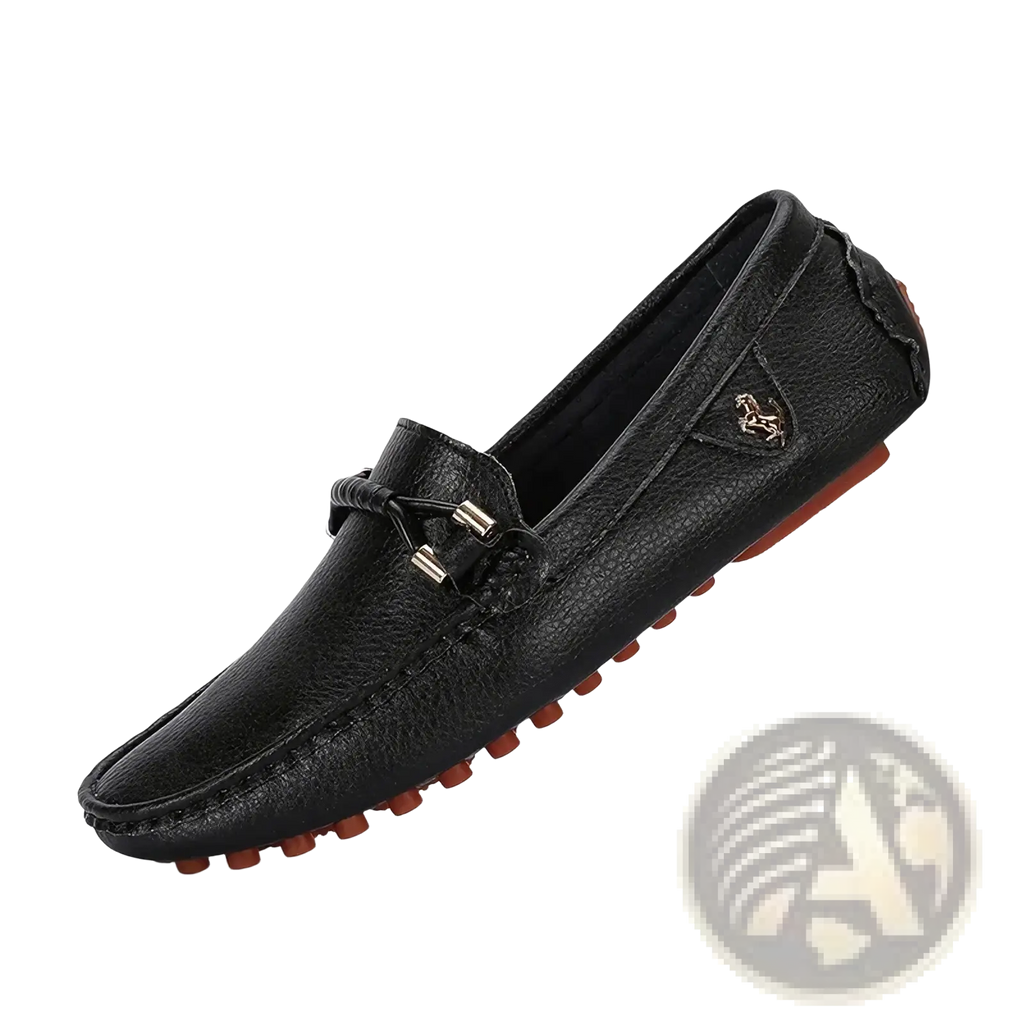 Men leather dress loafers slip on casual shoes in black with textured leather, braided strap, and metallic hardware accents