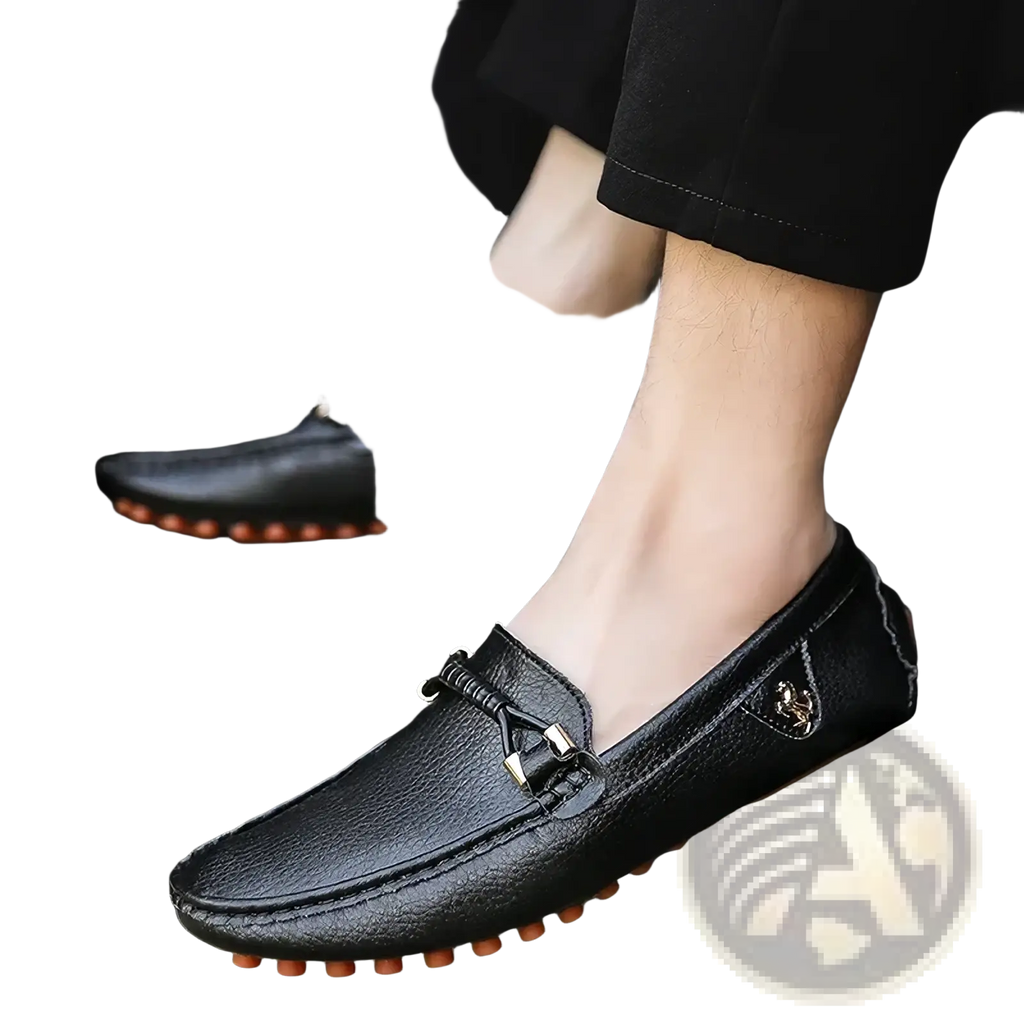 Men leather dress loafers slip on casual shoes with black textured leather, orange rubber soles, and silver metal accents