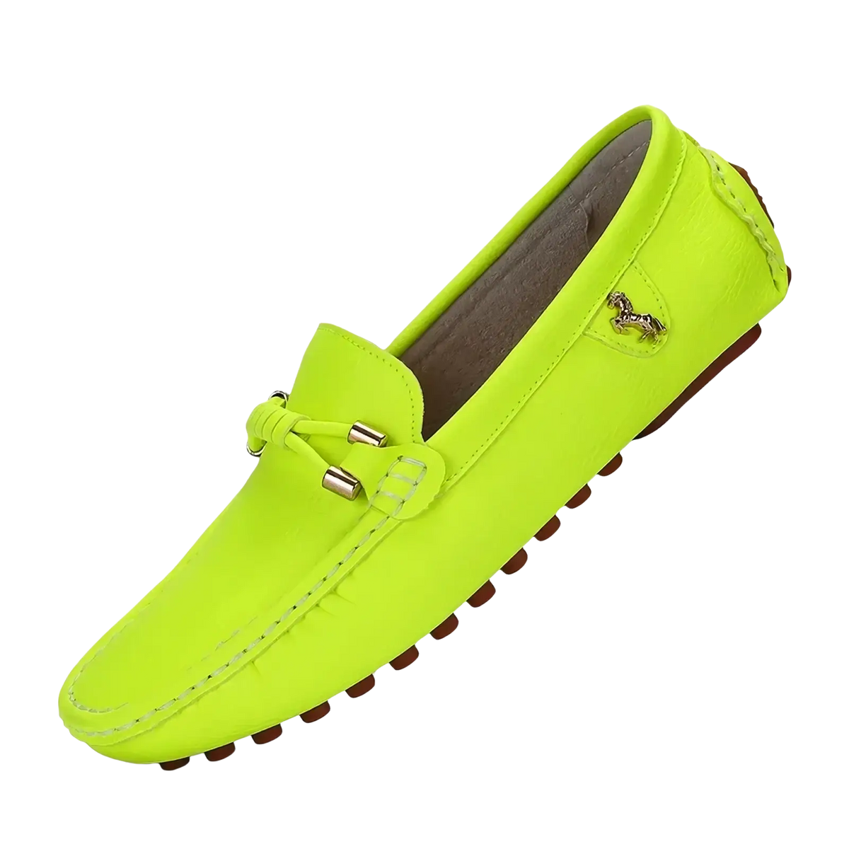 Men leather dress loafers in bright neon green suede with metallic horse emblem and brown rubber soles slip on casual shoes