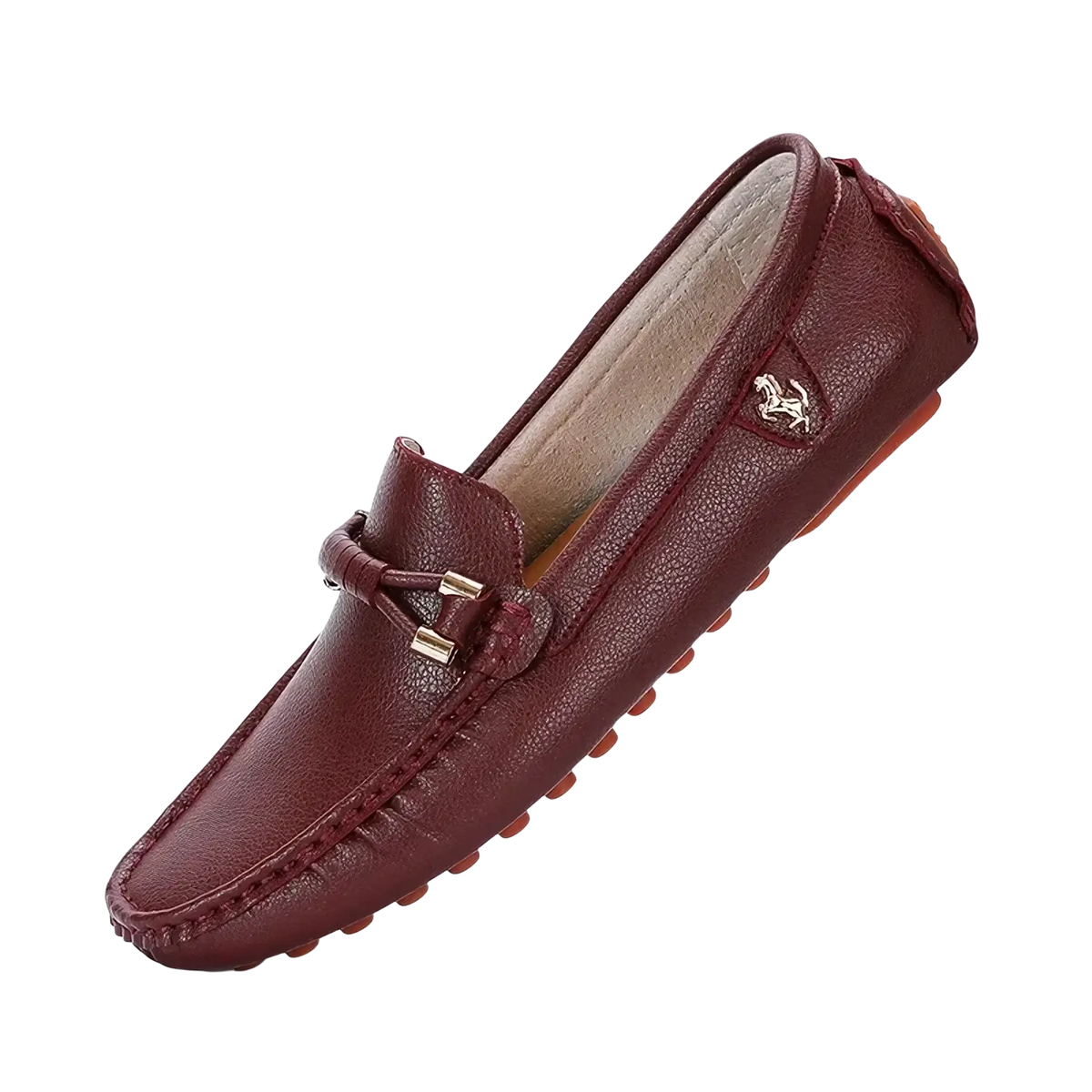 Men leather dress loafers in burgundy featuring stitched design and metallic horse emblem slip on casual shoes