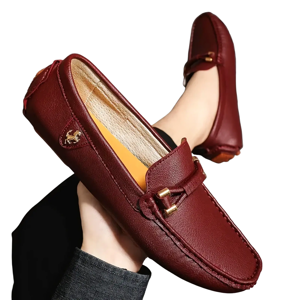 Men leather dress loafers in burgundy with gold-tone horse emblem and buckle detail slip on casual shoes
