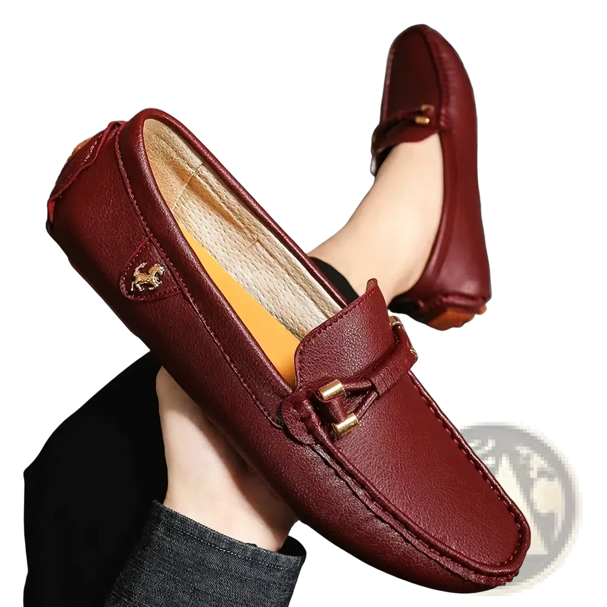 Men leather dress loafers in burgundy with gold-tone horse emblem and buckle detail slip on casual shoes