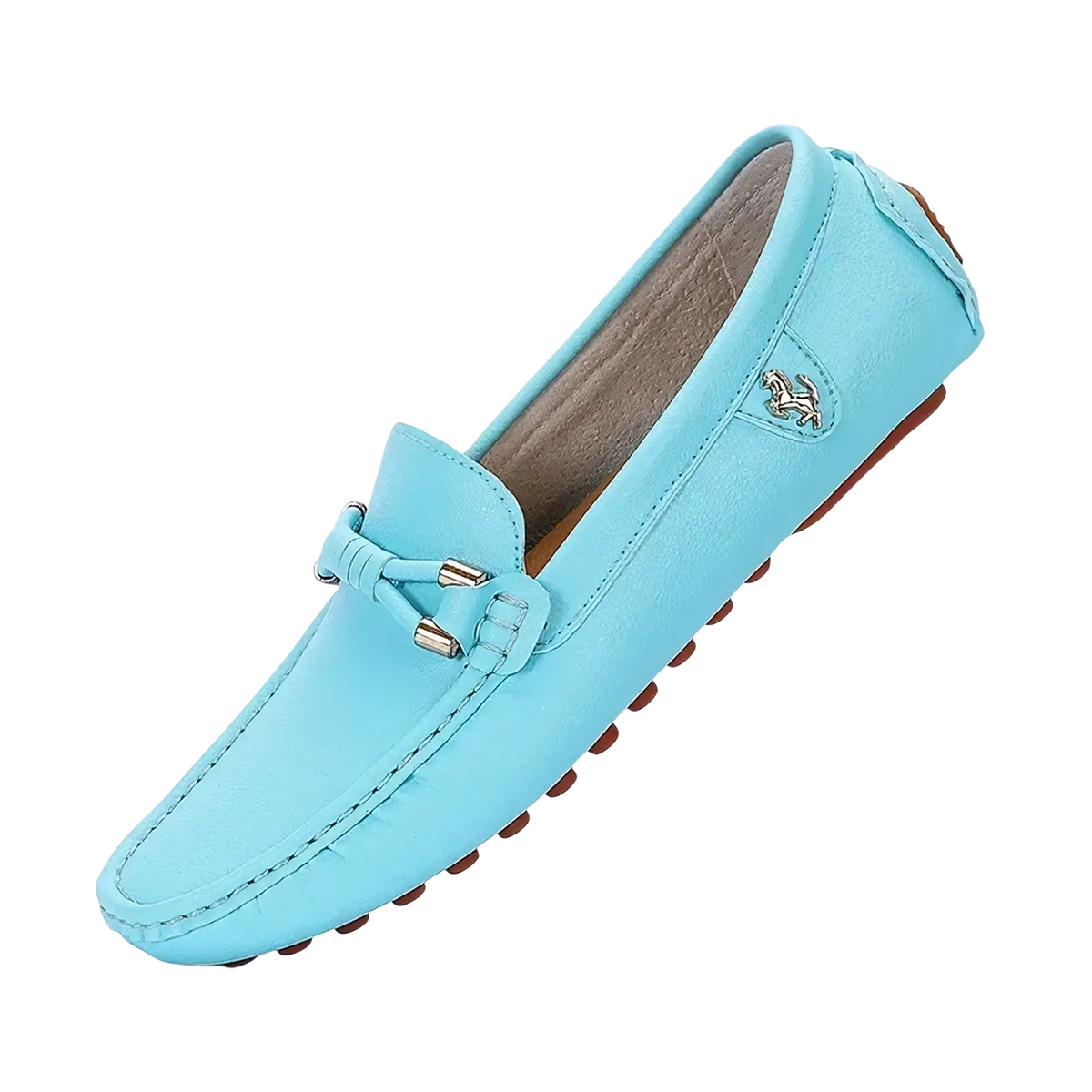 Light blue leather men dress loafers slip on casual shoes with metallic horse emblem and brown rubber soles