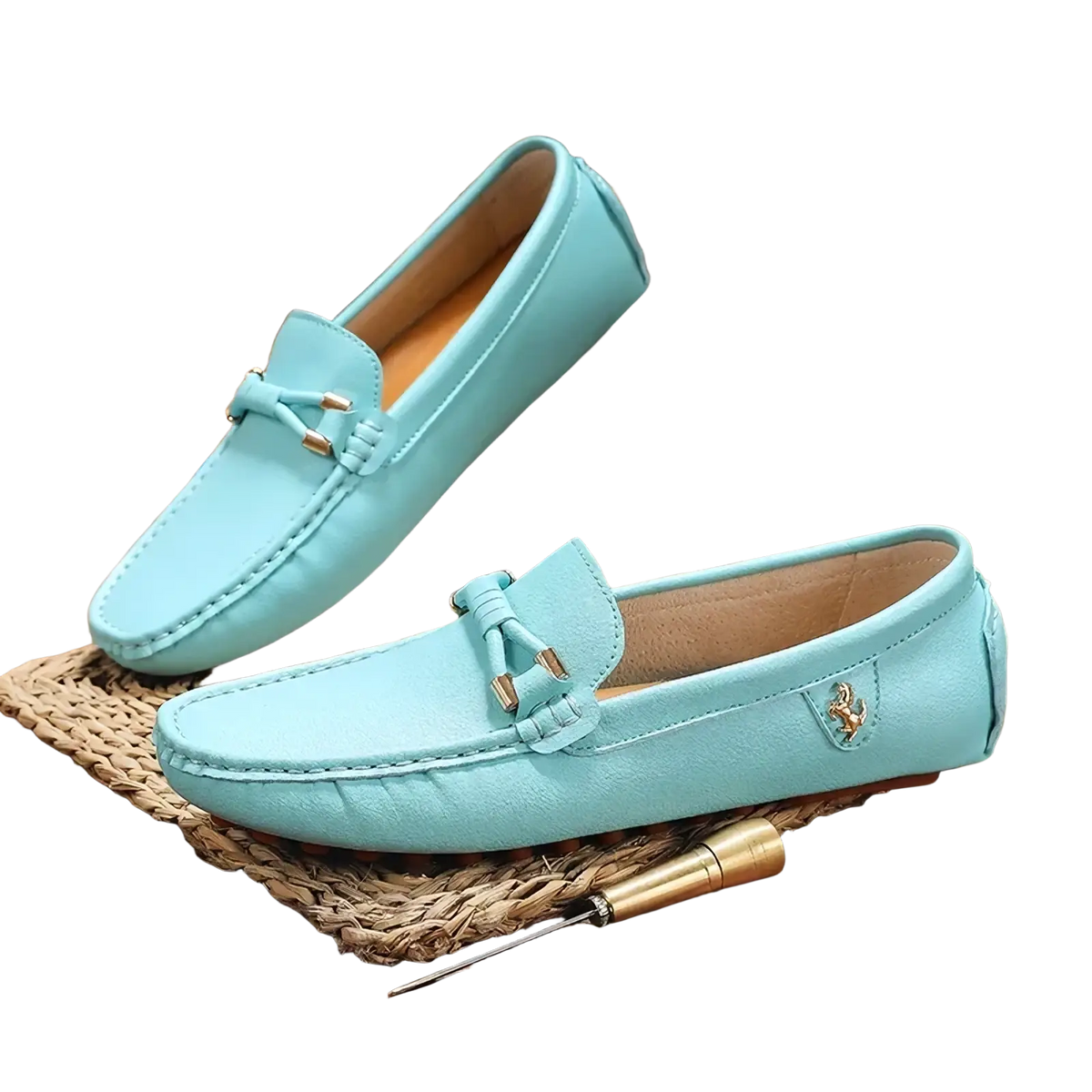 Men leather dress loafers slip on casual shoes in light blue leather with tassel detail and gold tone hardware