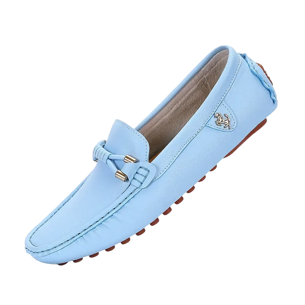 Light blue leather men dress loafers with braided strap and gold tone metal accents slip on casual shoes