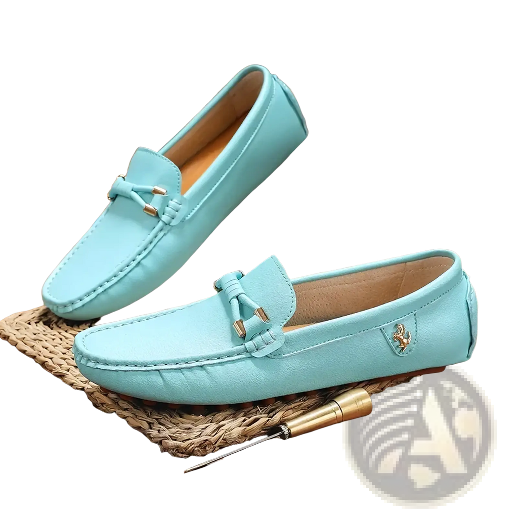 Men leather dress loafers slip on casual shoes in light blue leather with tassel detail and gold tone hardware