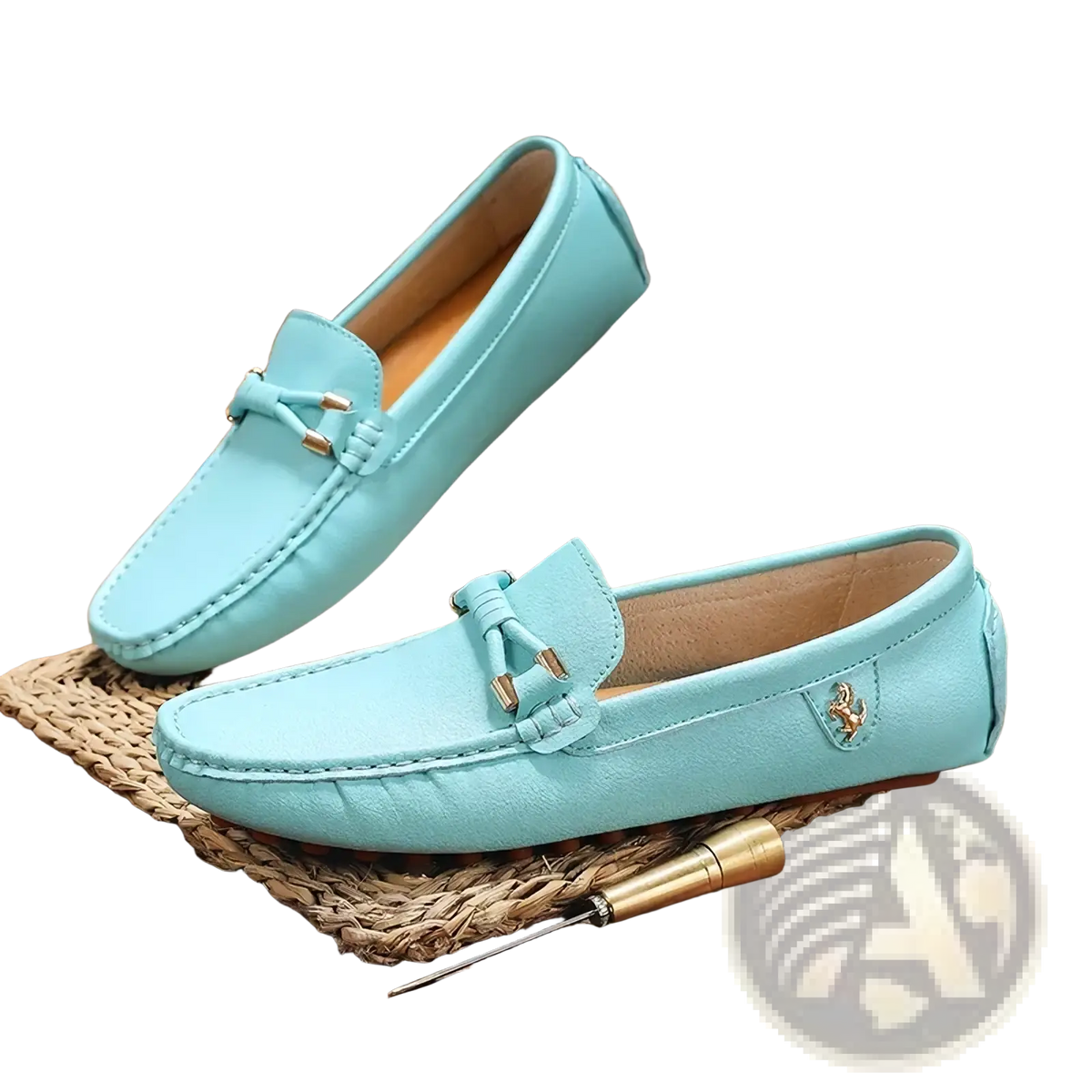 Men leather dress loafers slip on casual shoes in light blue leather with tassel detail and gold tone hardware