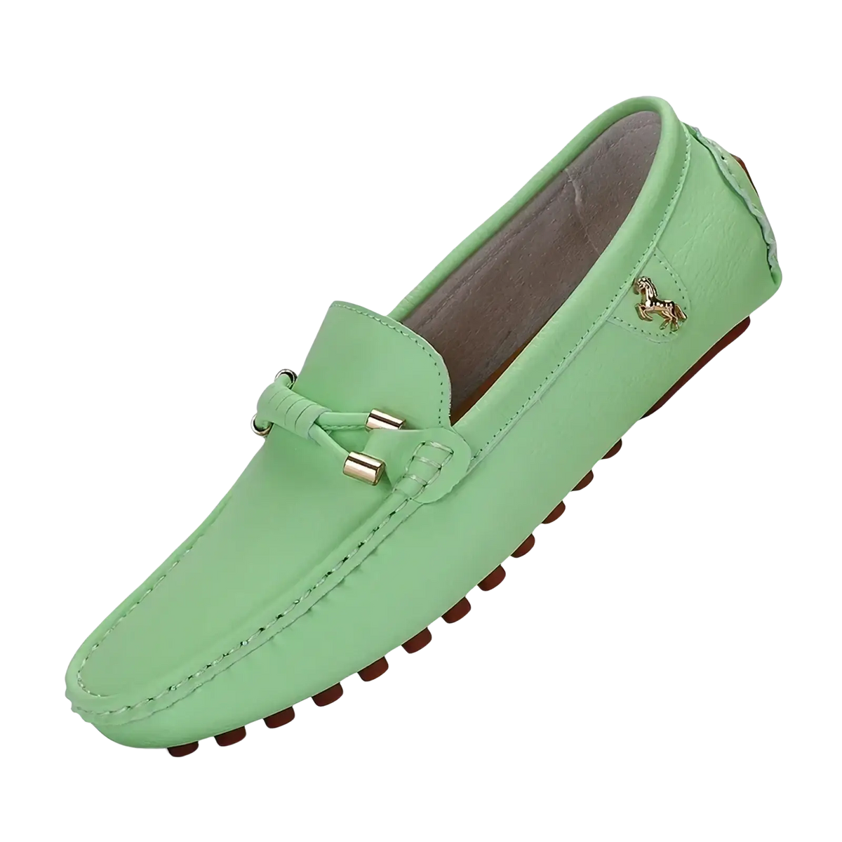 Men leather dress loafers slip on casual shoes in light green leather with gold horse emblem and brown rubber sole