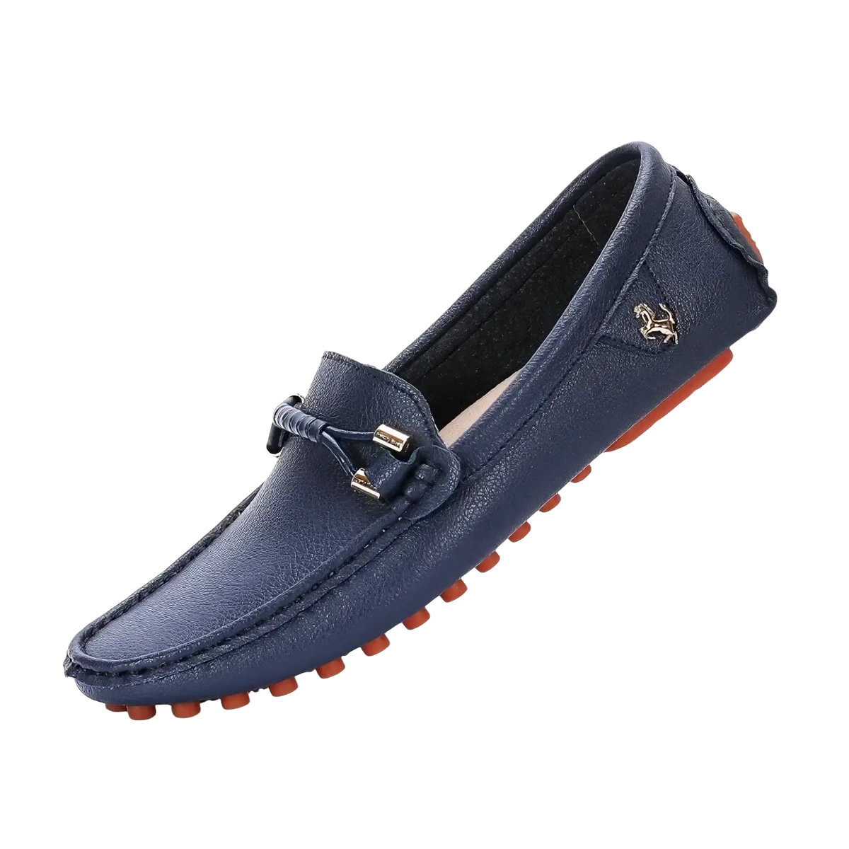 Navy blue leather men dress loafers with metallic buckle and orange rubber sole for casual slip on wear