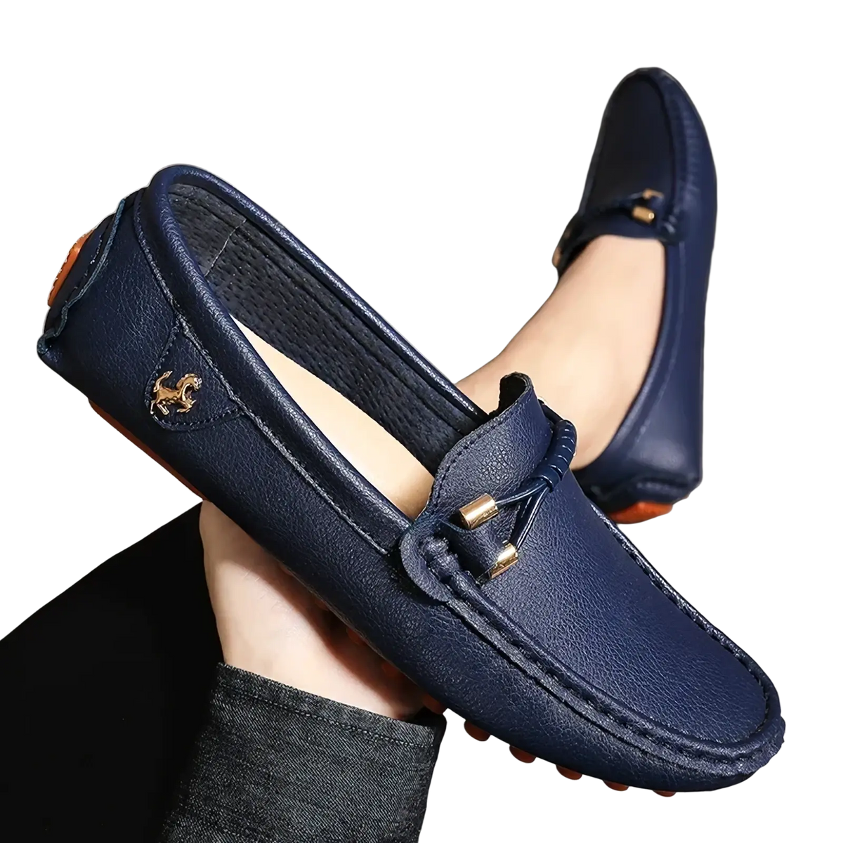 Men leather dress loafers slip on casual shoes in navy blue leather with gold-tone metal accents and embossed logo