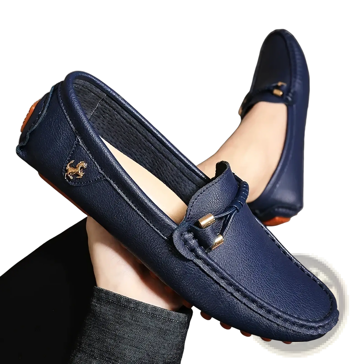 Men leather dress loafers slip on casual shoes in navy blue leather with gold-tone metal accents and embossed logo