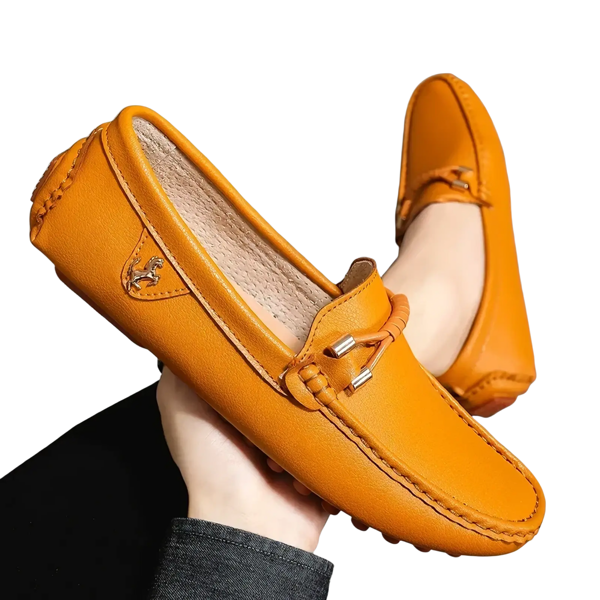 Men leather dress loafers slip on casual shoes in orange leather with stitched design and metallic horse emblem on side