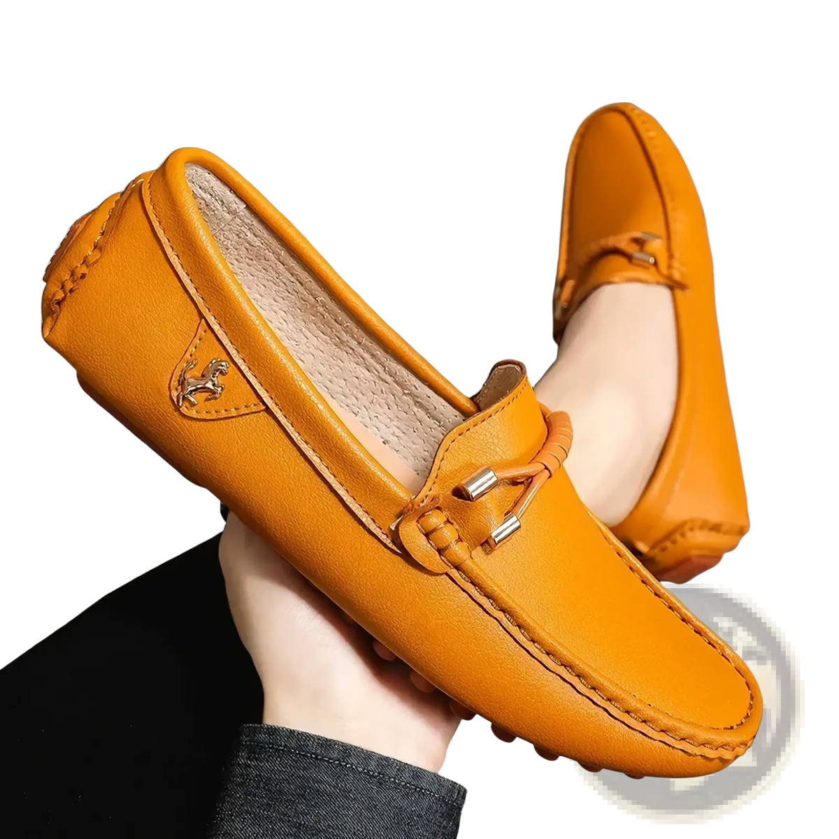 Men leather dress loafers slip on casual shoes in orange leather with stitched design and metallic horse emblem on side