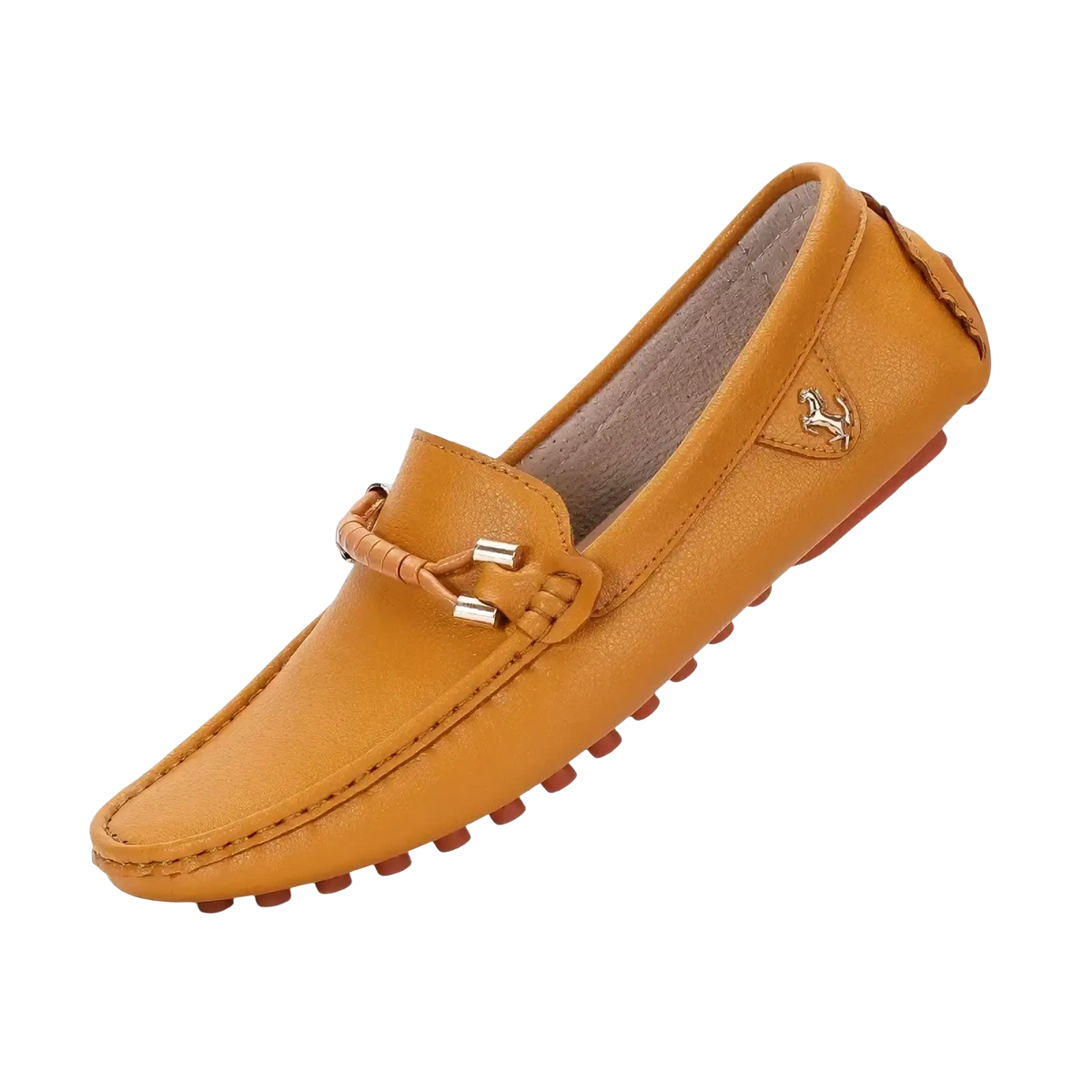 Men leather dress loafers slip on casual shoes in tan with braided strap and metallic buckle detail