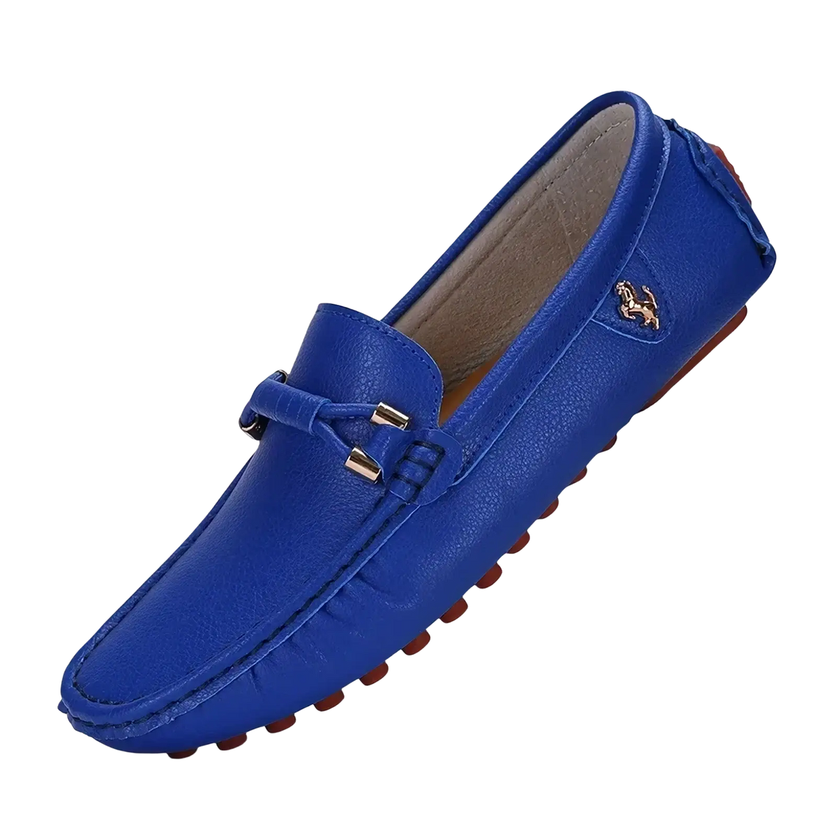 Men leather dress loafers featuring vibrant blue leather with gold horse emblem and metallic buckle slip on design