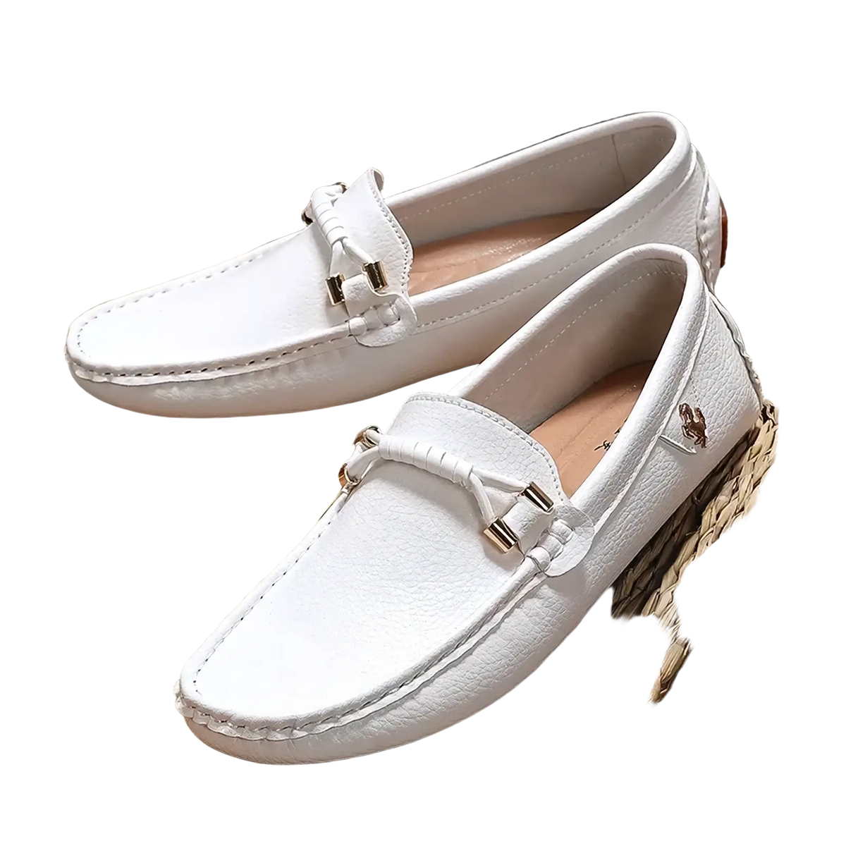 Men leather dress loafers in white leather with gold-tone buckle and braided tassel slip on casual shoes