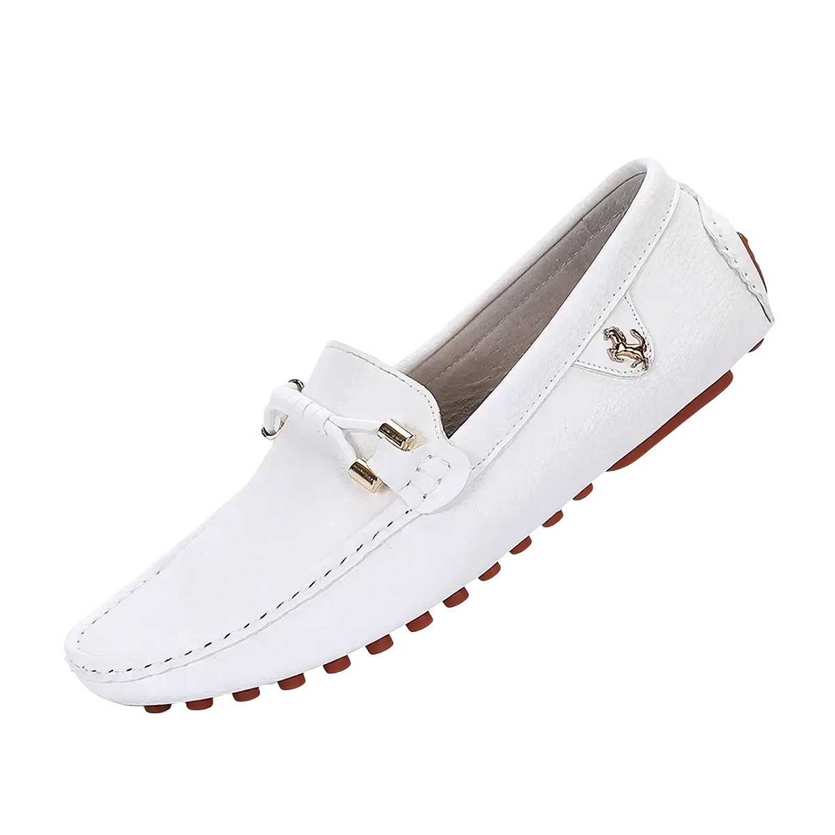Men leather dress loafers white leather slip on casual shoes with gold tone buckle and brown rubber sole