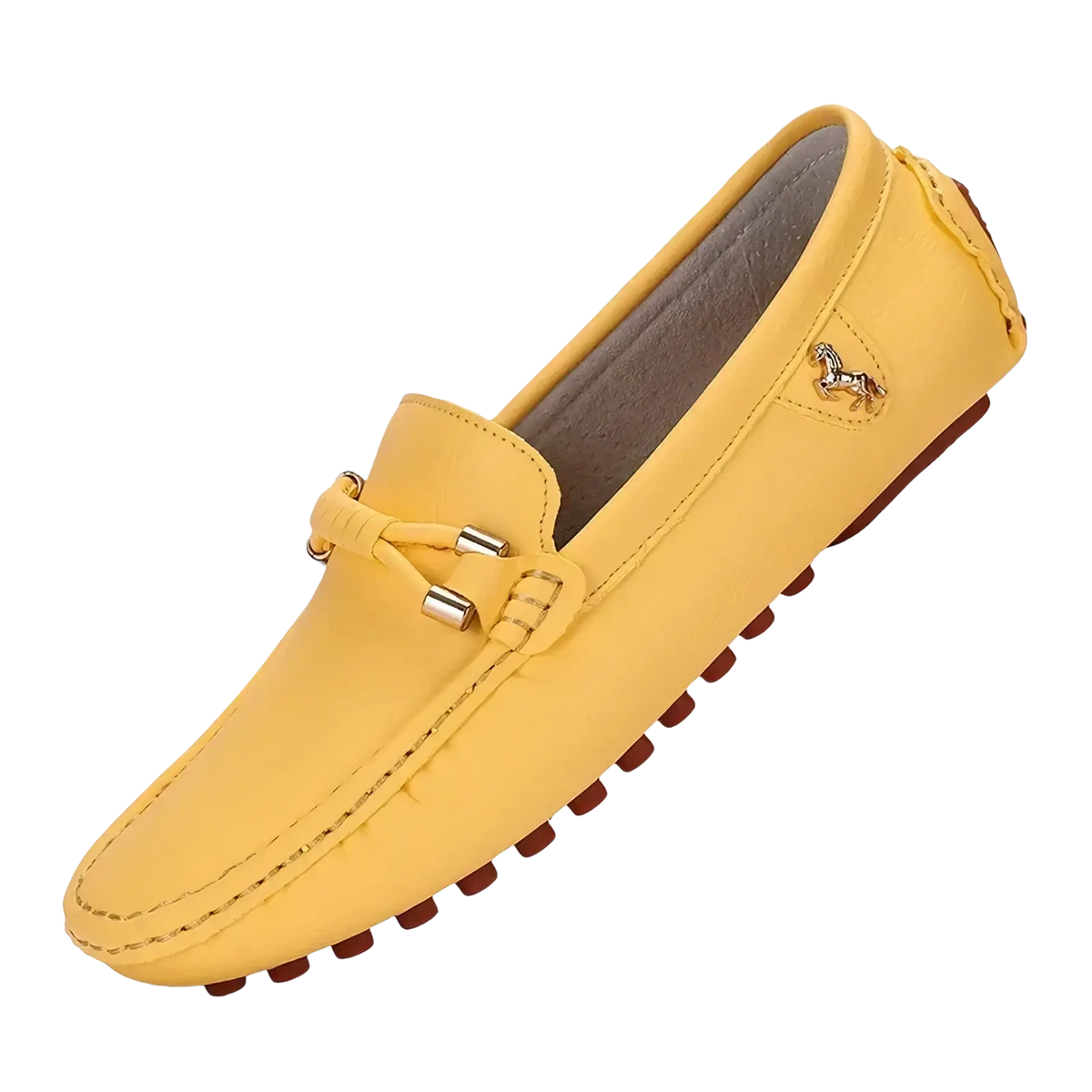 Men leather dress loafers slip on casual shoes in yellow with metallic horse emblem and stitched detailing