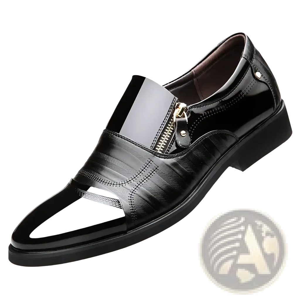 Men leather dress shoes zipper business oxfords in black patent leather with glossy finish and subtle textured panels