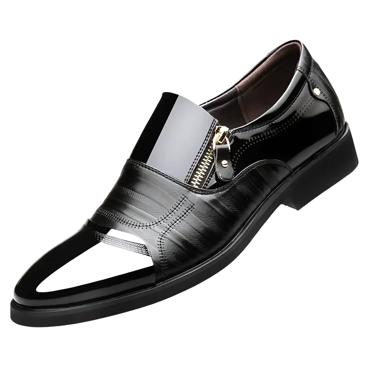 Men leather dress shoes zipper business oxfords in black patent leather with glossy finish and subtle textured panels