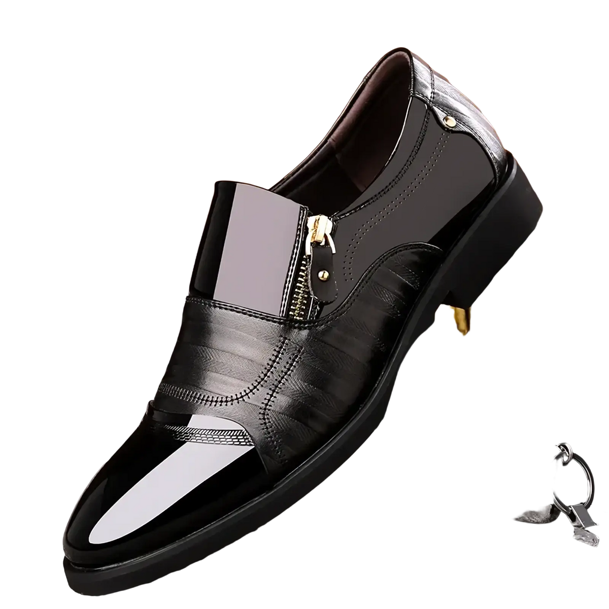 Men leather dress shoes zipper business oxfords in black patent and textured leather with gold zipper detail slip-ons
