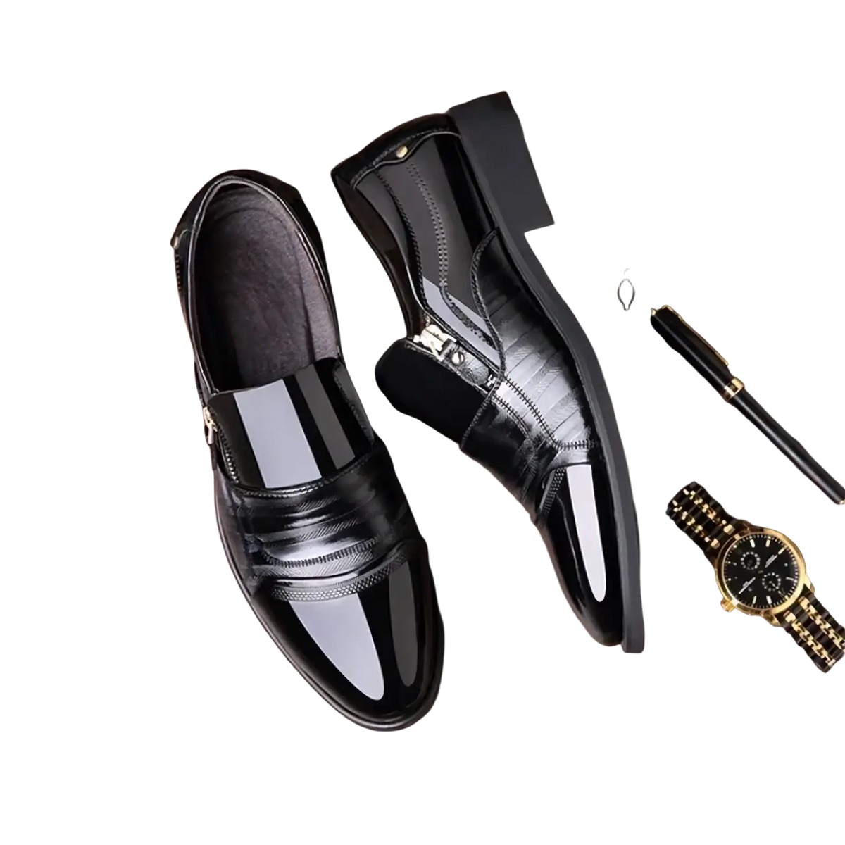 Men leather dress shoes zipper business oxfords in black patent leather with glossy finish and white stripe accents