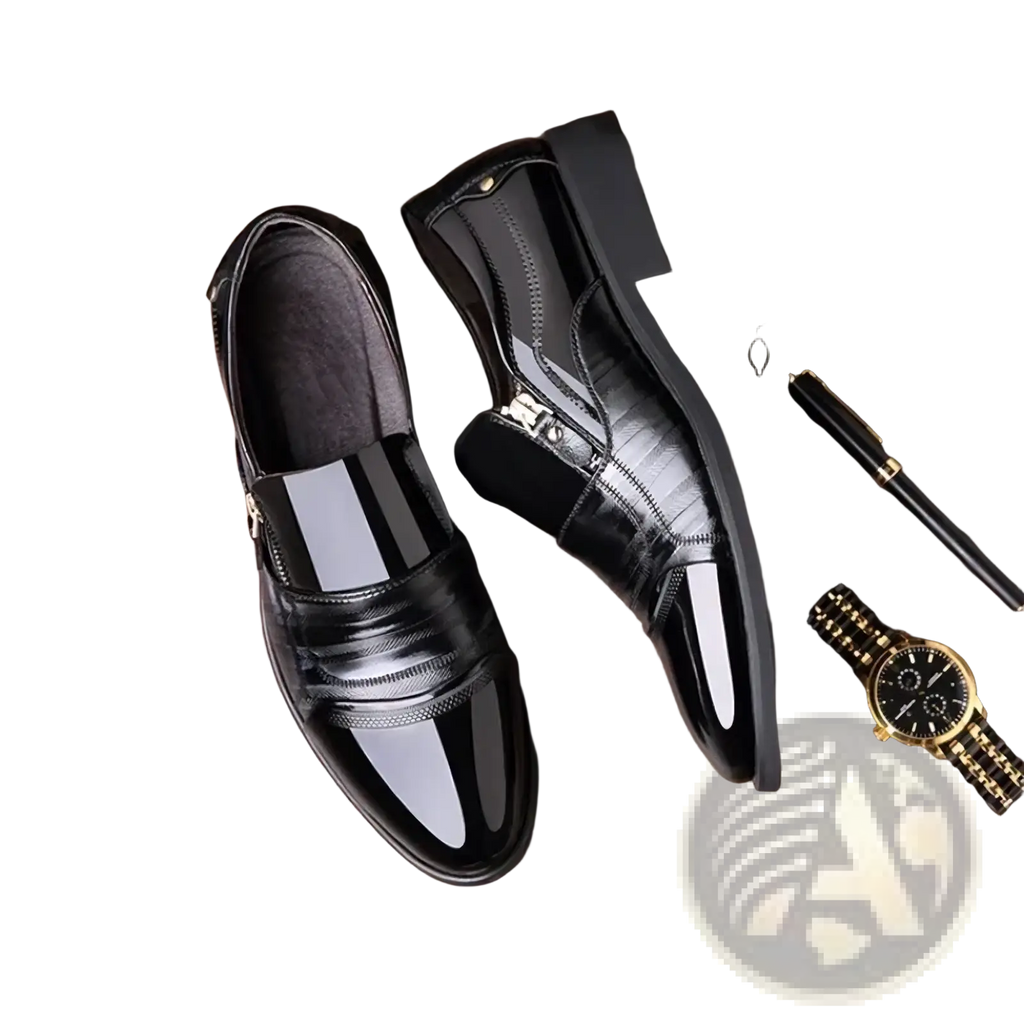 Men leather dress shoes zipper business oxfords in black patent leather with glossy finish and white stripe accents
