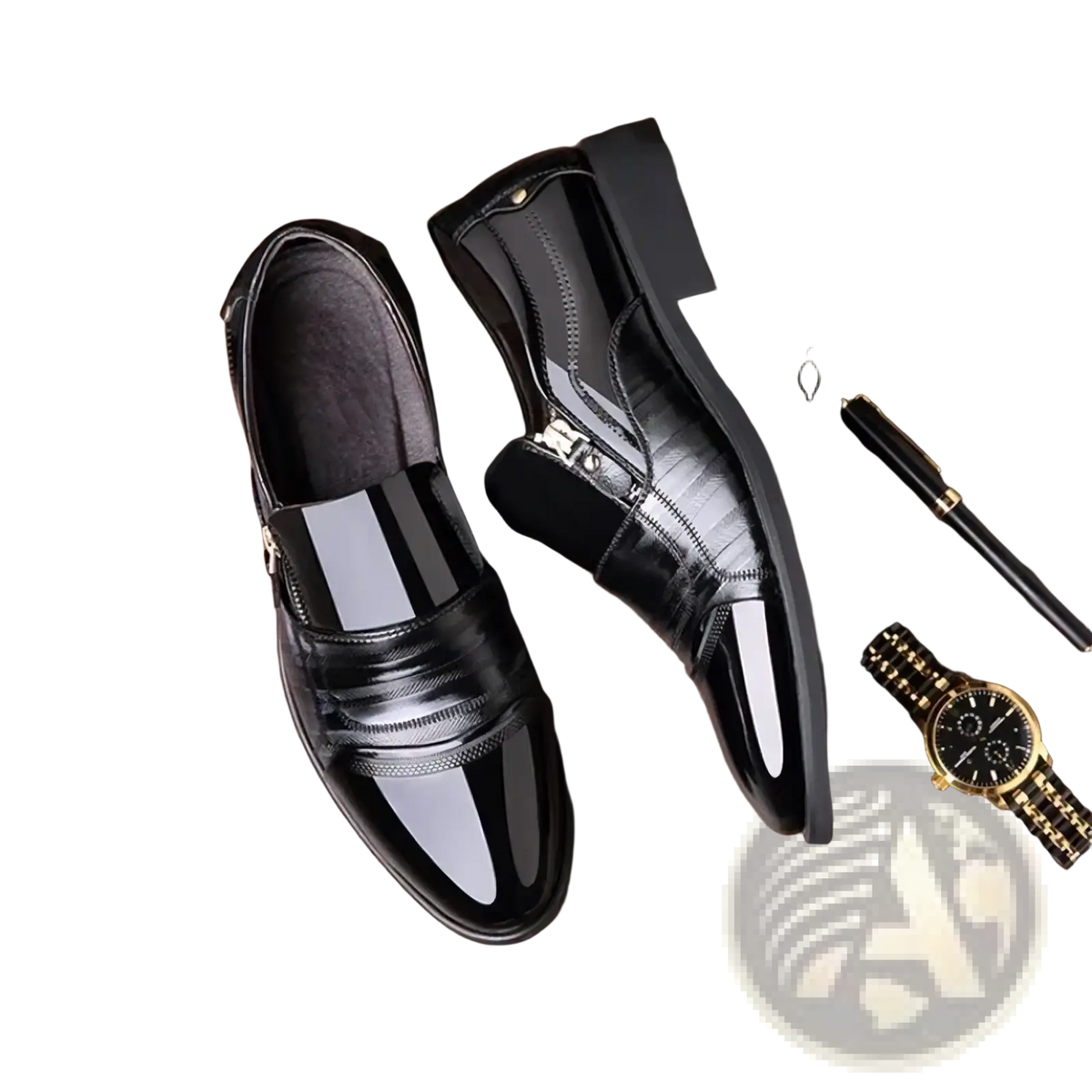 Men leather dress shoes zipper business oxfords in black patent leather with glossy finish and white stripe accents