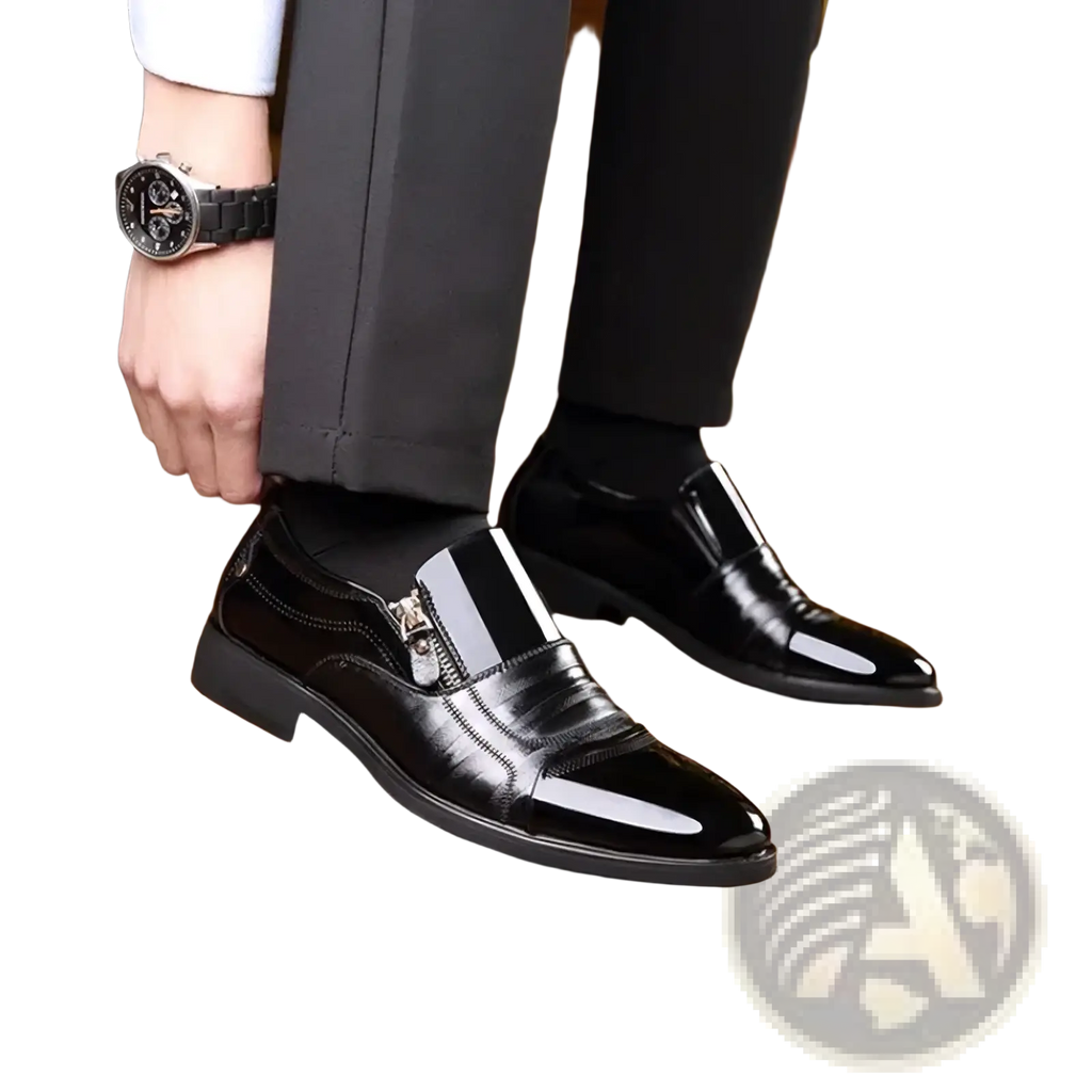 Men leather dress shoes black patent slip-on oxfords with glossy finish and side zipper detail for business use