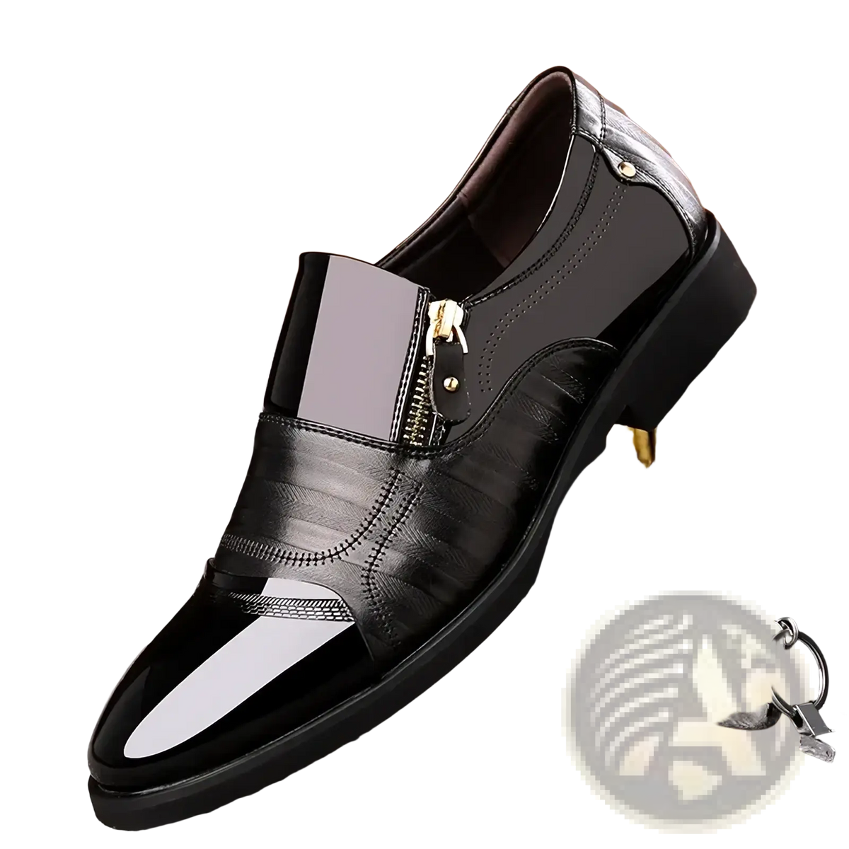 Men leather dress shoes zipper business oxfords in black patent and textured leather with gold zipper detail slip-ons