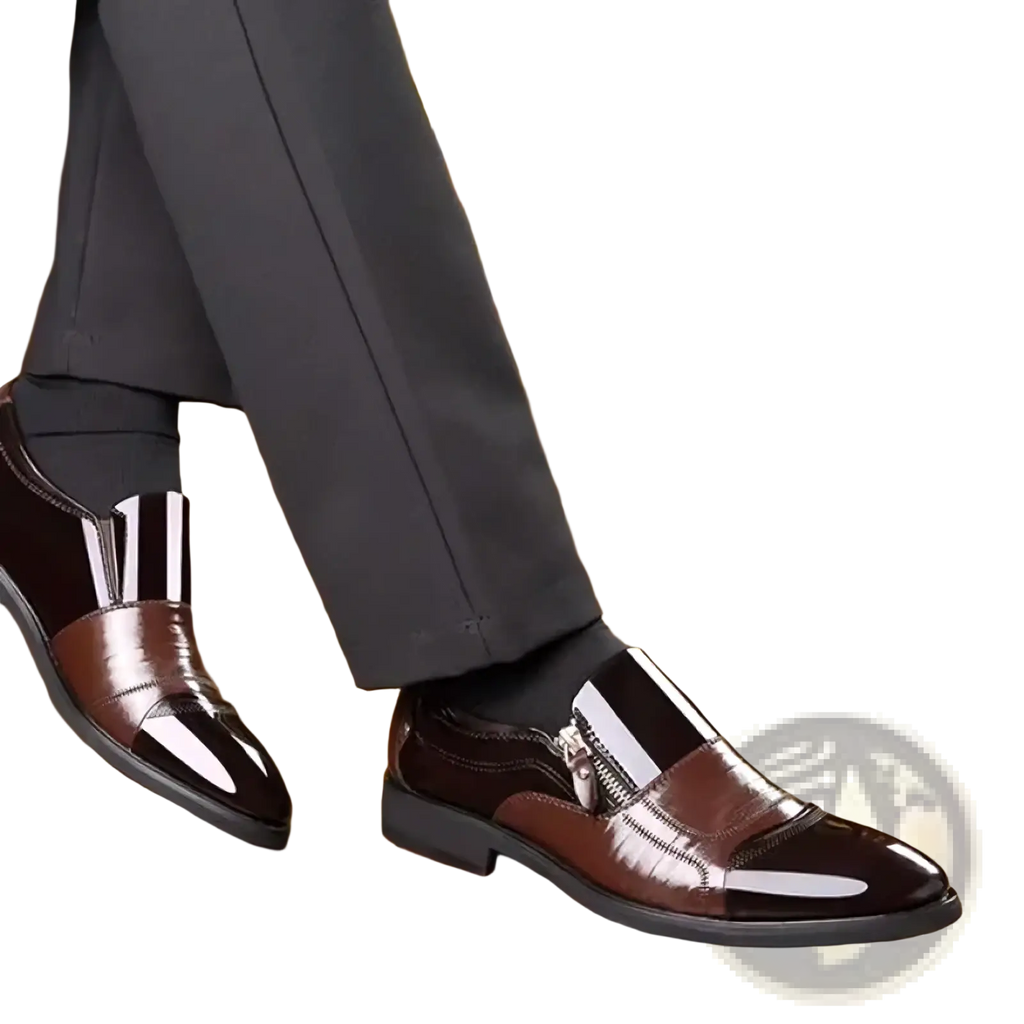 Men leather dress shoes brown and black patent leather slip-on oxfords with zipper detail for business use