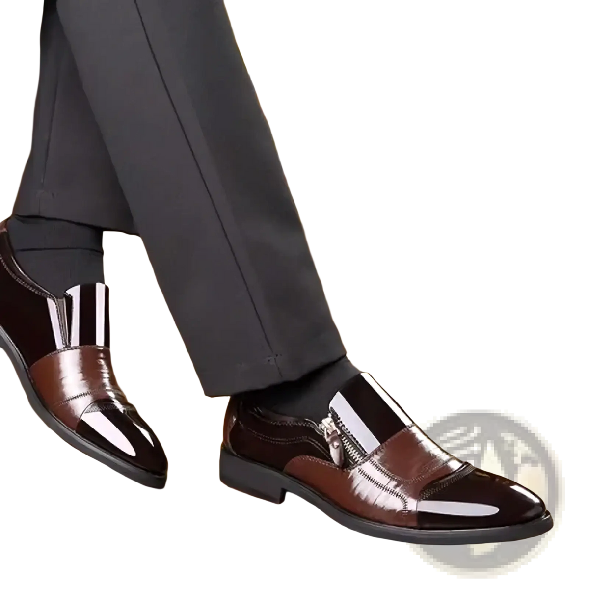 Men leather dress shoes brown and black patent leather slip-on oxfords with zipper detail for business use