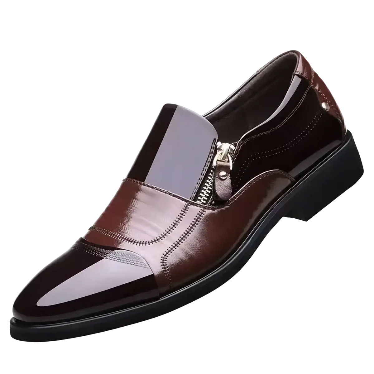Brown patent leather men leather dress shoes zipper business oxfords with slip-on design and contrasting black sole