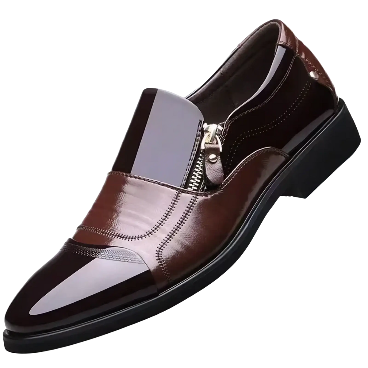 Brown patent leather men leather dress slip-on shoe with glossy finish and dark brown zipper business oxford detail