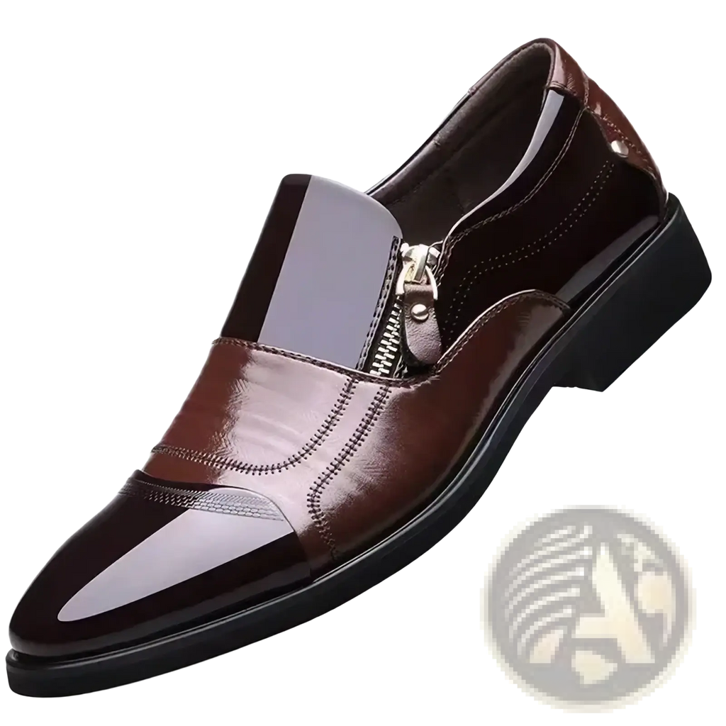 Brown patent leather men leather dress slip-on shoe with glossy finish and dark brown zipper business oxford detail
