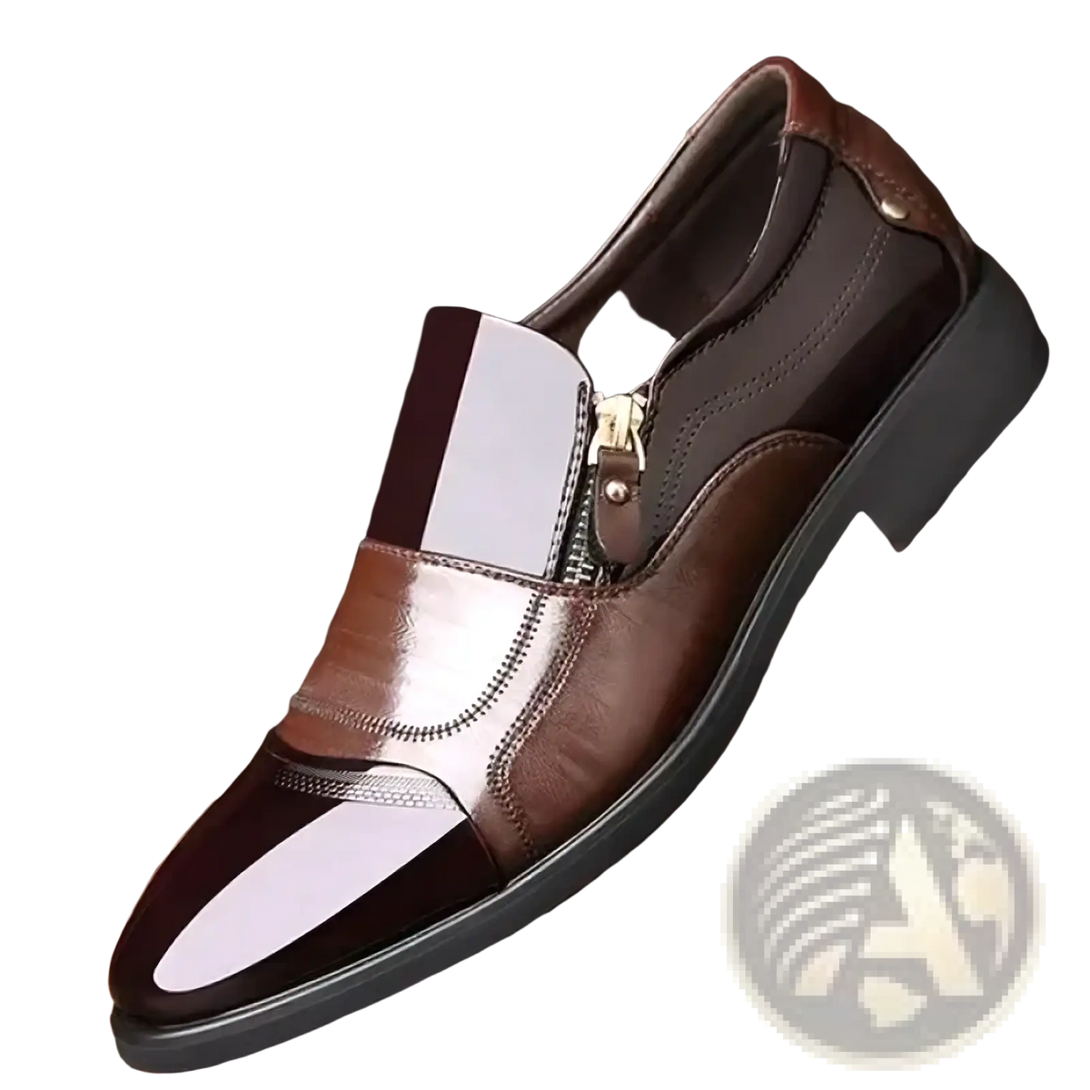 Men leather dress shoes brown and white patent leather slip-on with zipper closure for business oxfords