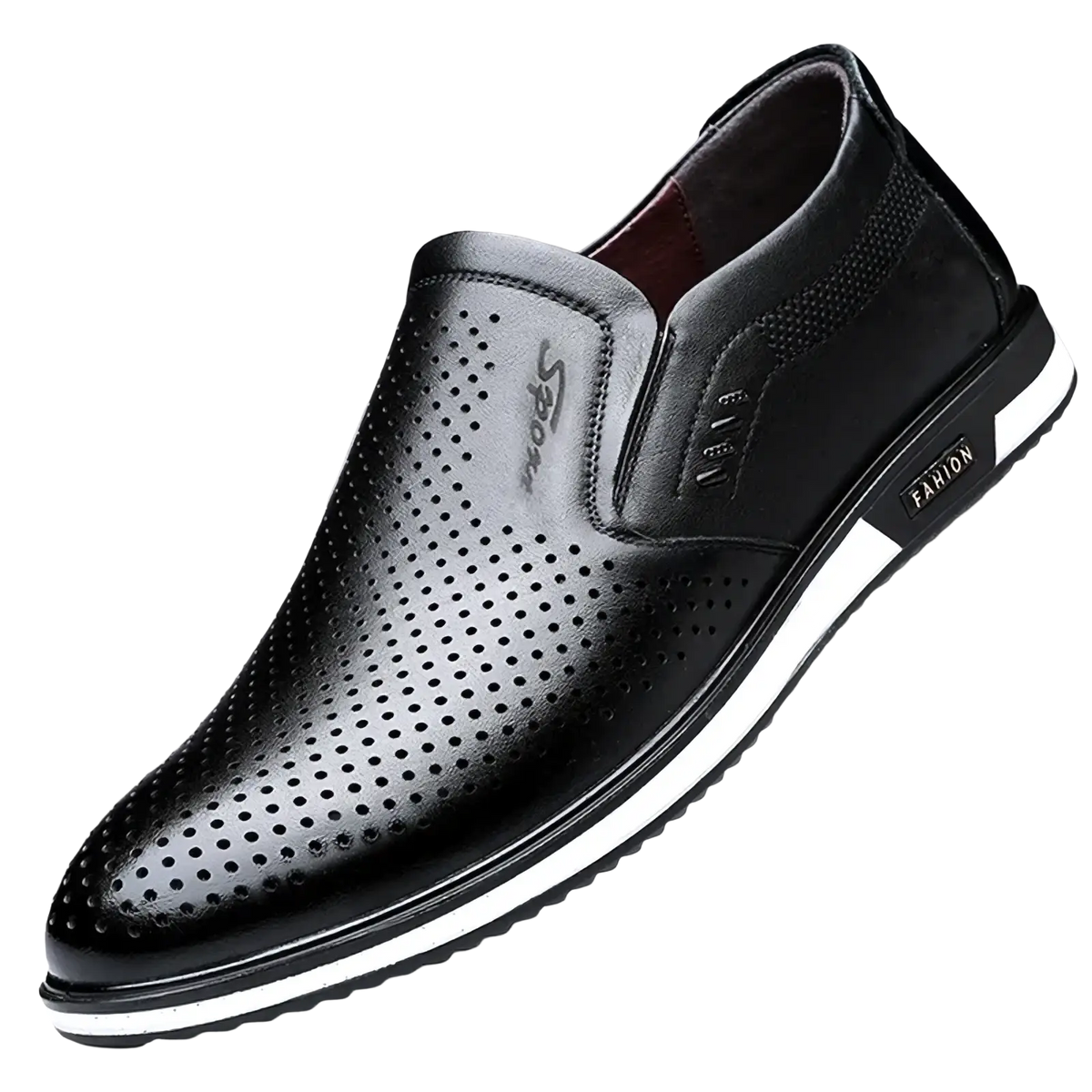 Men leather driving shoes designer loafers moccasins in black leather with perforated detailing and white rubber sole