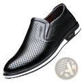Back view of black perforated leather men leather driving shoes slip-on loafers with white rubber sole and fashion branding