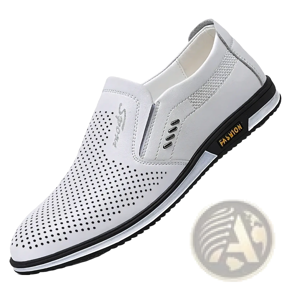 Men leather driving shoes white perforated slip-on loafers with black rubber sole and gold fashion branding on side