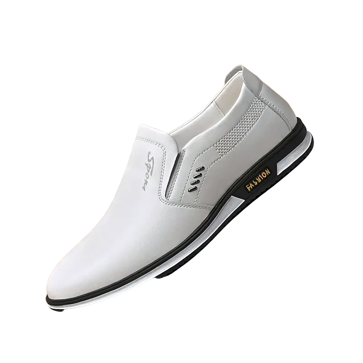 Men leather driving shoes designer loafers moccasins in white leather slip-on with black rubber sole and gold fashion branding