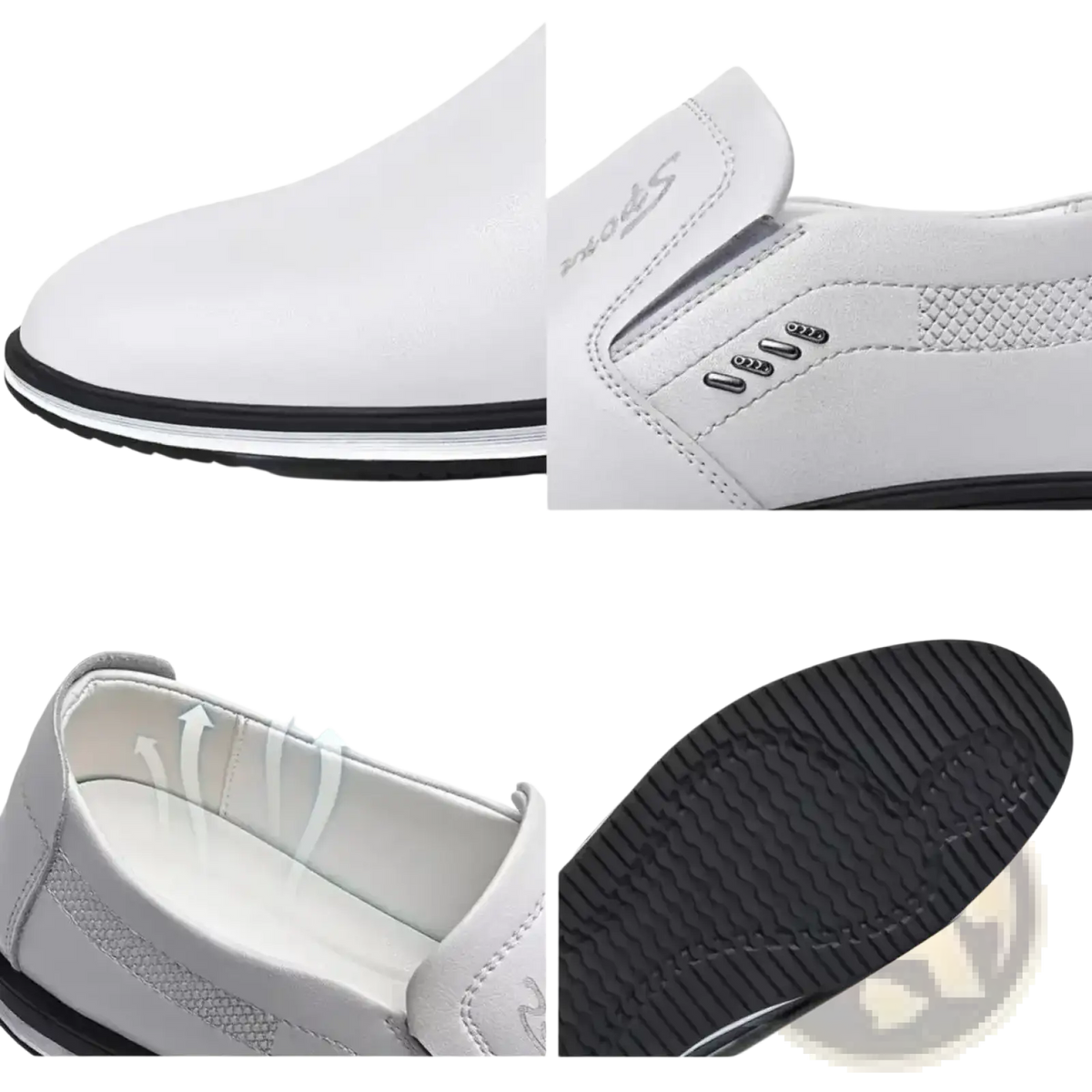 Men leather driving shoes designer loafers moccasins in white leather slip-on with black rubber sole and mesh panel detailing