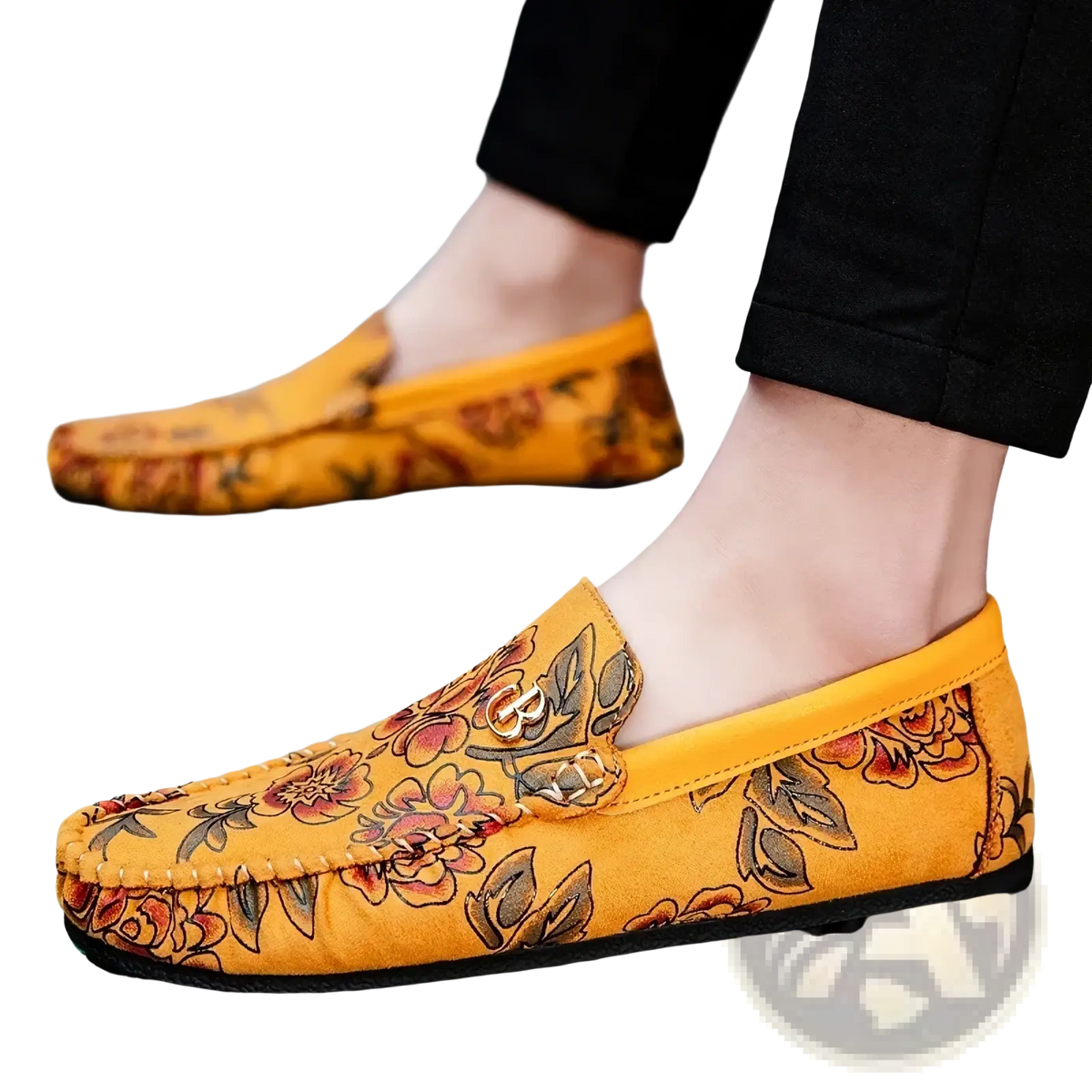Bright yellow men leather floral loafers with vibrant pink red and brown suede slip on driving shoes