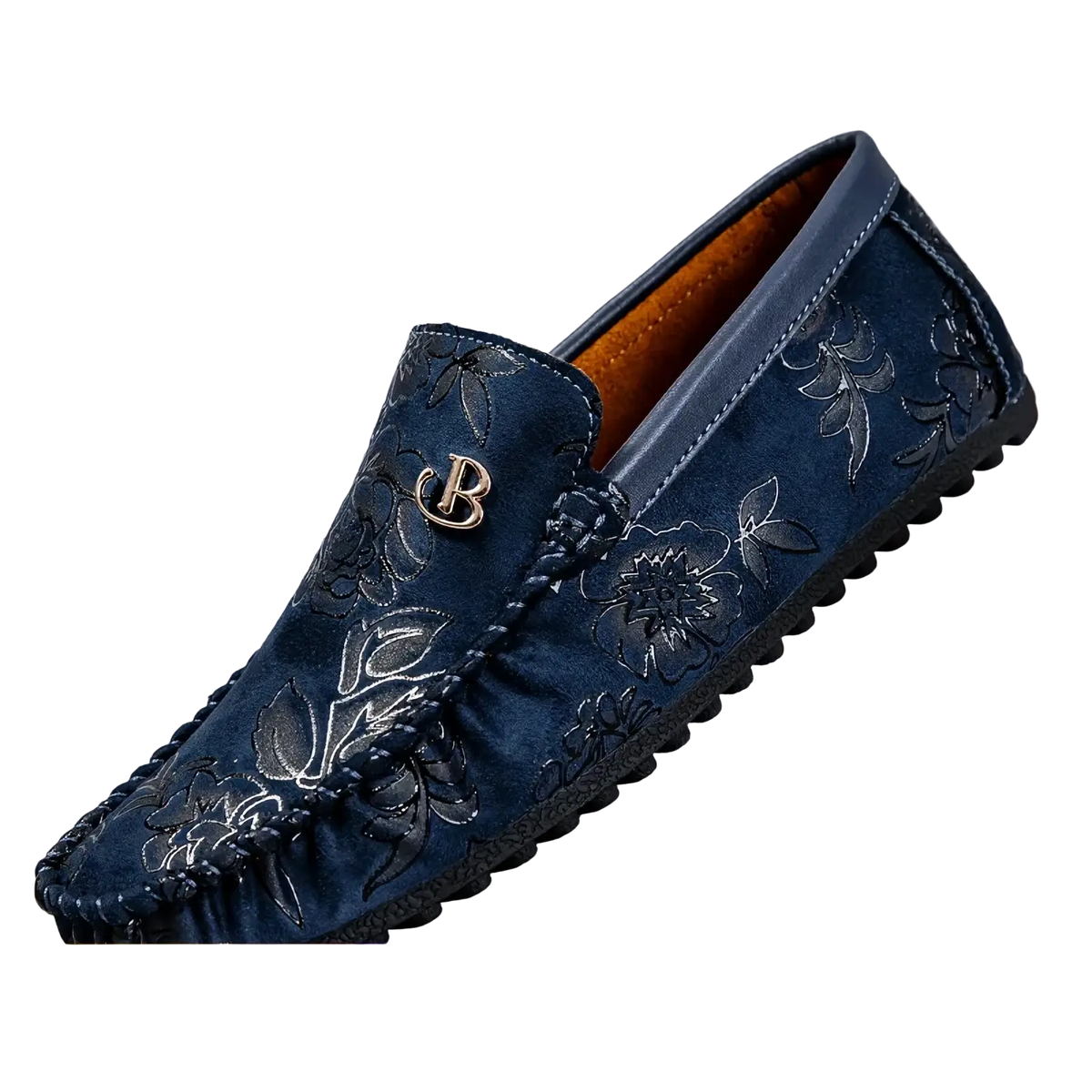 Dark blue suede men leather floral loafers with embossed patterns and a gold toned b logo on the vamp for driving use