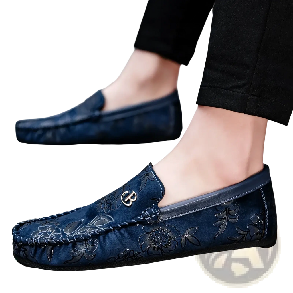 Men leather floral loafers dark blue suede slip on driving shoes with embroidered patterns and metallic logo on vamp