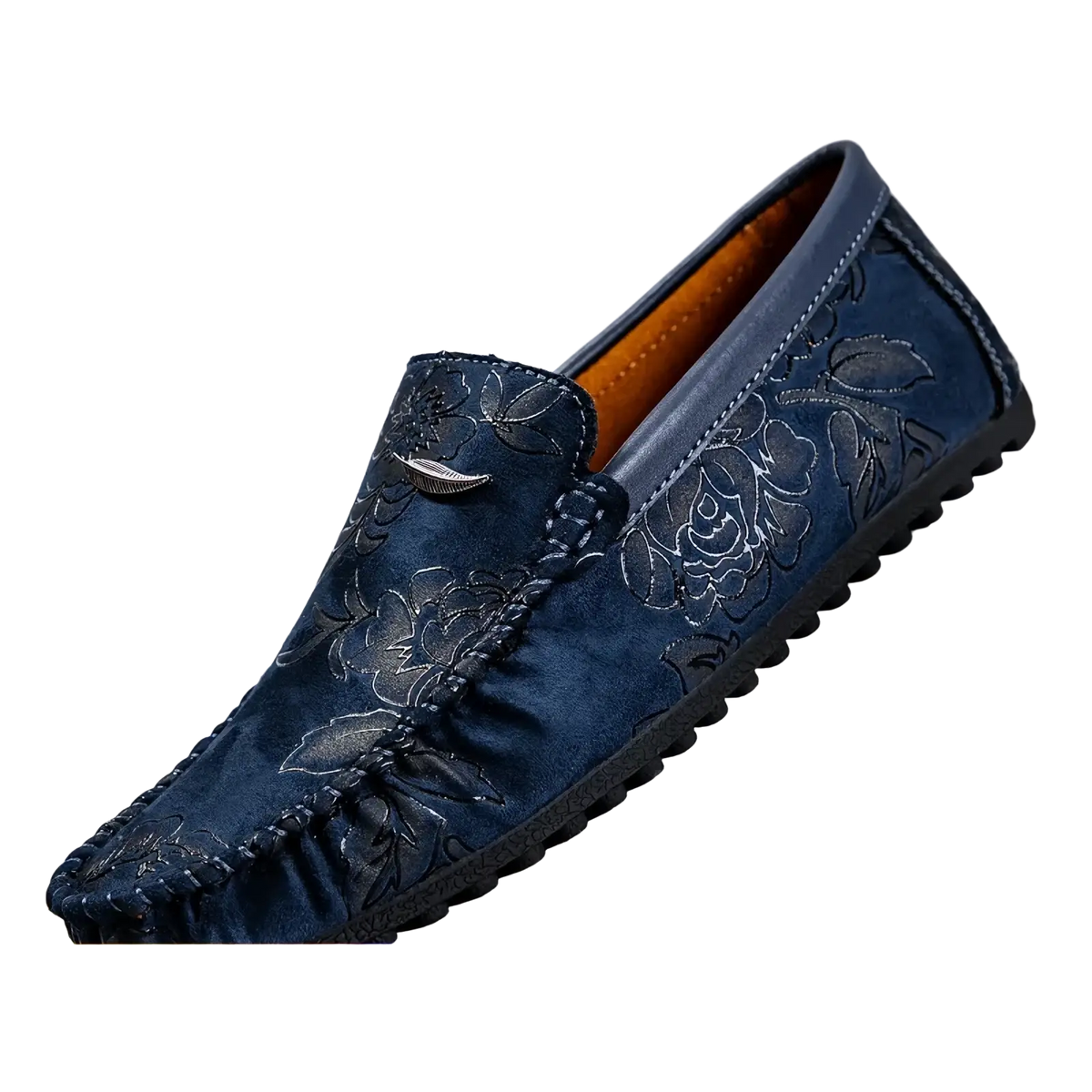 Dark blue leather men floral loafers with embossed suede and stitched design slip on driving shoes
