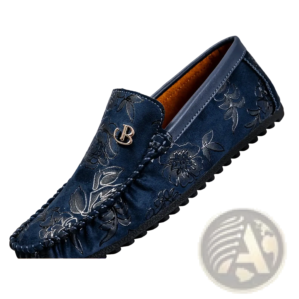 Dark blue suede men leather floral loafers with embossed patterns and a gold toned b logo on the vamp for driving use