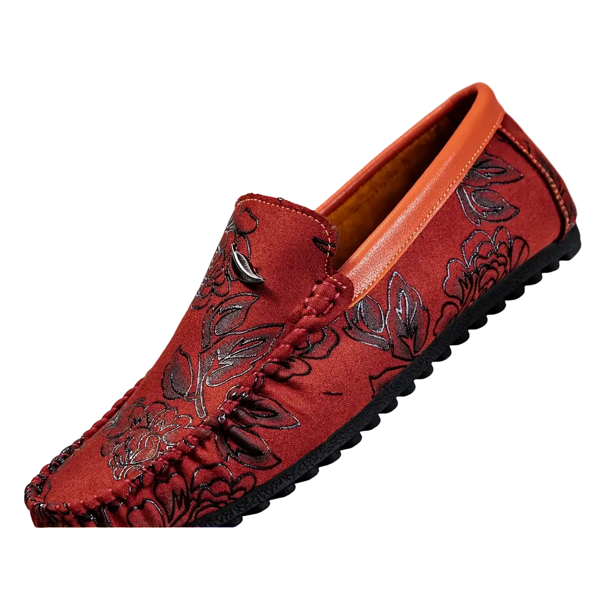 Men leather floral loafers in red with black embroidery and braided toe detail slip on driving shoes