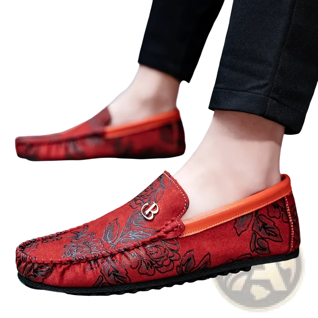 Men leather floral loafers slip on driving shoes in red suede with orange lining and metallic logo accent