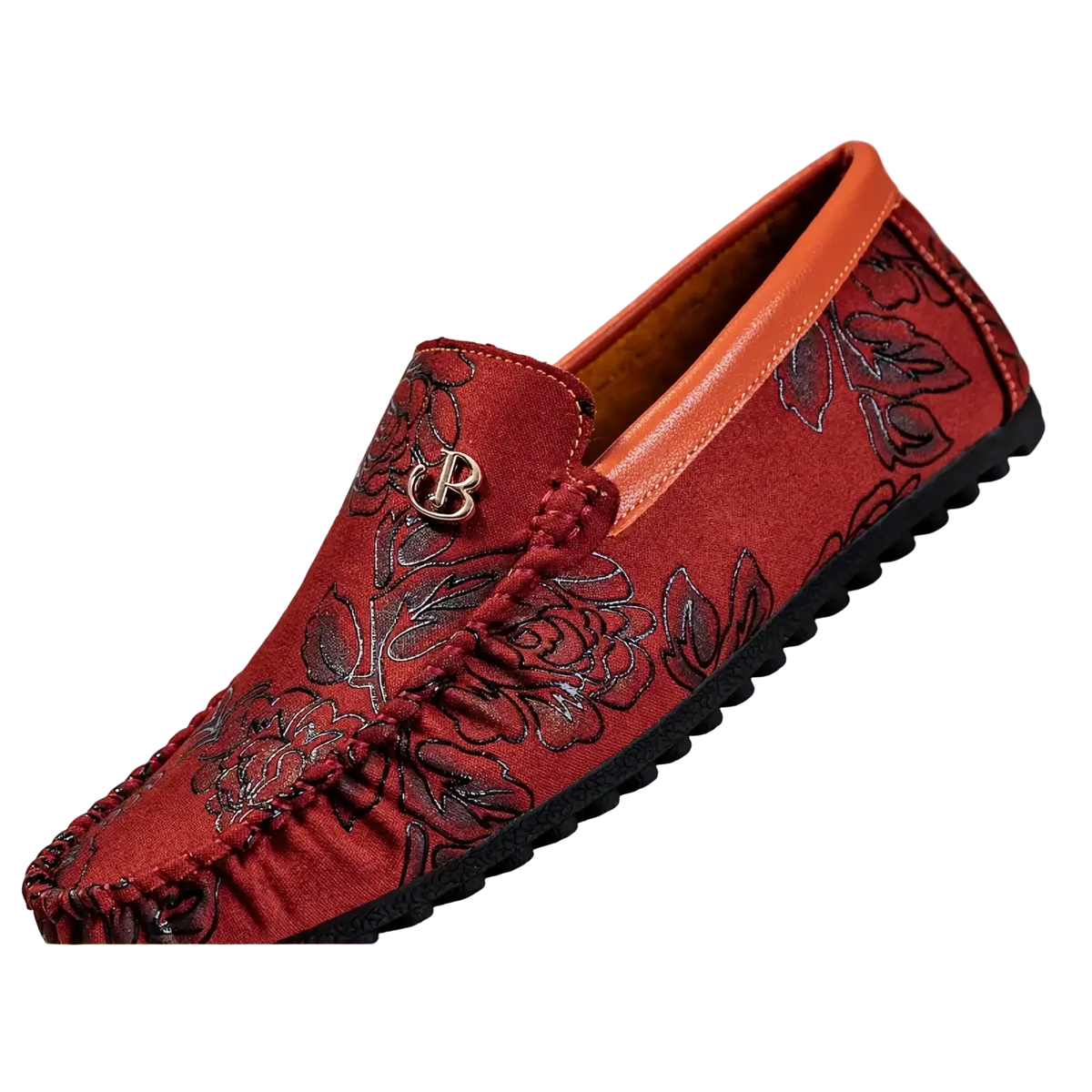 Men leather floral loafers in red suede with black embroidery and metallic b logo slip on driving shoes