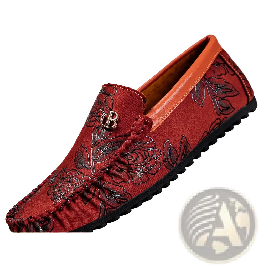 Men leather floral loafers in red suede with black embroidery and metallic b logo slip on driving shoes
